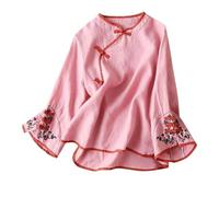 Seidenbluse Schwarz Chinesische traditionelle Anzugbluse für Damen, Stickerei, Baumwolle, Leinen, Glocke, Langarmshirts, Froschknopf, Tops, Cheongsam Bluse Festlich (Pink, XL)