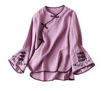 Seidenbluse Schwarz Chinesische traditionelle Anzugbluse für Damen, Stickerei, Baumwolle, Leinen, Glocke, Langarmshirts, Froschknopf, Tops, Cheongsam Bluse Festlich (Purple, M)