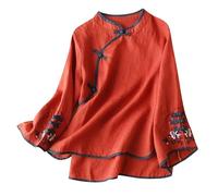 Seidenbluse Schwarz Chinesische traditionelle Anzugbluse für Damen, Stickerei, Baumwolle, Leinen, Glocke, Langarmshirts, Froschknopf, Tops, Cheongsam Bluse Festlich (Red, XXL)