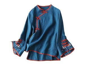 Seidenbluse Schwarz Chinesische traditionelle Anzugbluse für Damen, Stickerei, Baumwolle, Leinen, Glocke, Langarmshirts, Froschknopf, Tops, Cheongsam Bluse Festlich (Blue, XL)