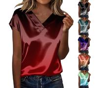 Seidenblusen Für Damen Satin-Bluse Kurzarm Elegant V-Ausschnitt Oberteile Farbverlauf-Shirts Oversize Blusenshirt Große Größen Seidentop Bequeme T-Shirt Glänzende-Blusenshirt