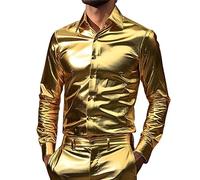 Seidenhemden für Herren, lässig, langärmelig, Flip-Patchwork, Farbdruck, Hemd, Oberteil, Langarmhemd für Herren, gold, S