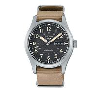 Seiko 5 Sports Automatik Armbanduhr Herren, SRPG35K1 - Edelstahl, Hardlex Glas, schwarzes Ziffernblatt 39 mm, 10 bar, Nylon Armband Braun, Kalender, Leuchtfunktion