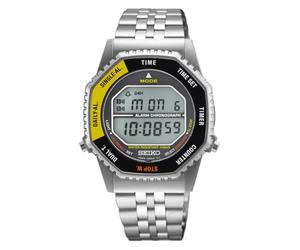 Seiko Klassik Digital Chronograph Herrenuhr, Edelstahl, 37 mm, Edelstahlarmband, Silber, 10 bar, LCD-Display, Zwei Zeitzonen, Countdown, Alarm, Kalender, Messung von Zwischenzeiten, SMGG17P1