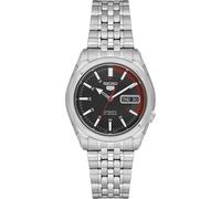 Seiko SNK375K1-5 Gent Herren-Armbanduhr, analog, Automatik, schwarzes Zifferblatt, graues Stahlarmband