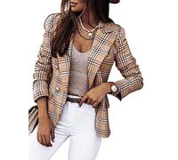 seiveini Damen Blazer Mode Karierter Jacket Sakkos Reverskragen Langarm Business Suit Cardigan Blazer Coat Herbst Mantel Winter Warmer Khaki 2 M