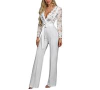 seiveini Damen Jumpsuit Elegant V-Ausschnitt Overall mit Spitze Langarm Arbeitskleidung Spitzen Playsuit Hosenanzug Einfarbig Onesie Hohe Taille Hose Lang Ganzkörperanzug Chic Weiß M