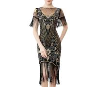 seiveini Damen Paillettenkleid mit Quasten Elegant Fransenkleid Kurze Ärmel Glitzer Kleid 1920s Bodycon Partykleid Kurz Sexy Ballkleid Festlichkleid Midi Kleid Latein Outfits A Schwarz S