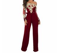 seiveini Damen Romper mit Spitze SommerJumpsuit Elegant Overall OL Lang Hosenanzug Frauen Playsuit Chic Einfarbig Retro Spitzen Overalls Catsuit Slim Fit D Rot M