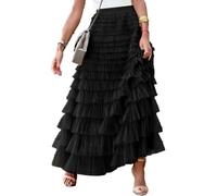seiveini Damen Tüll Maxirock A Linien Hohe Taille Faltenrock mit Elastischer Bund Tüllrock Geschichteter Strandrock Damen Lang Sommer Tüll Rock Mesh Blumendruck Tutu Spitze Rock A Schwarz L