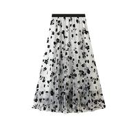 seiveini Damen Tüll Maxirock A Linien Hohe Taille Faltenrock mit Elastischer Bund Tüllrock Geschichteter Strandrock Damen Lange Sommer Tüll Rock Mesh Blumendruck Tutu Spitze Rock A Weiß L