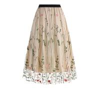 seiveini Damen Tüll Maxirock A Linien Hohe Taille Faltenrock mit Elastischer Bund Tüllrock Geschichteter Strandrock Damen Lange Sommer Tüll Rock Mesh Blumendruck Tutu Spitze Rock C Aprikose M