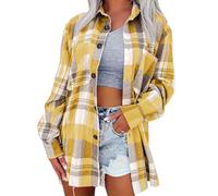 seiveini Karierte Bluse Damen Karo Hemd Langarm Button Down Flanellhemd Holzfäller Hemdbluse Oktoberfest A Gelb XL