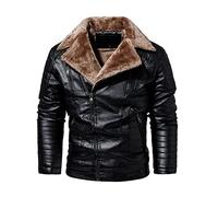 seiveini Lederjacke Herren Oversized Herbst Winter Ledermantel Motorrad Gefütterte Fleece Jacke Parka Mantel Herren Winddicht Outdoor Leder Coat Vintage Revers A Schwarz 3XL