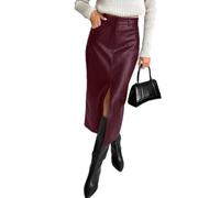 seiveini Lederrock Damen Bleistiftrock Lang Elegant PU Leder Rock mit Schlitz Rockabilly Lederoptik Röcke Midi Bodycon C Weinrot L
