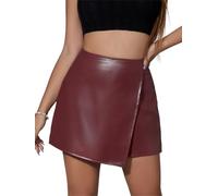 seiveini Lederrock Damen Elegant PU Leder Rock mit Short Schlitz Asymmetrisch Hosenrock Minirock Lederoptik Röcke Skort Club Party A Weinrot S