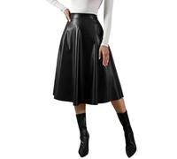 seiveini Lederrock Damen Lang A-Linie PU Leder Rock Rockabilly Kunstleder Röcke Midi Faltenrock Elegant B Schwarz L