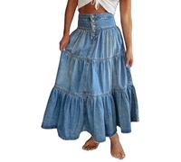 seiveini Maxi Jeansrock Damen Y2k Rock Denim Lang Boho Röcke für Damen Mädchen Vintage Jeans-Rock A-Line Tiered Volant Partyrock A Blau L