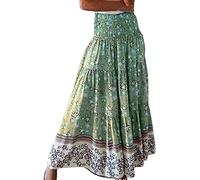 seiveini Rock Damen Sommer Lang Blumen Röcke Boho Rock A-Linie Asymmetrisch Chic Rock mit Rüschen Retro Midirock Flowy Strandrock mit Schlitz Elegant E Grün XS