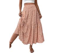seiveini Sommerrock Damen Lang Taille Elastischer Blumenrock Casual Maxi Rock A-Linien Blumen Boho Strandrock Langer Blumendruck Partyrock A Orange L