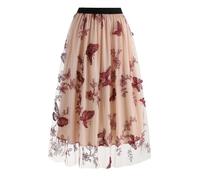 seiveini Tüllrock Damen Lang Falten Rock Höhe Taille A Line Mesh Freizeit Spitze Midi Röcke Lang Blumenmuster 3 Schichten Faltenrock Sommer D Rosa S