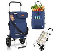Sekey Premium Einkaufstrolley faltbar in Blau mit Spanngurt, Klappbarer Einkaufswagen inkl. Kühlfach & Getränkefach, 3-in-1 Trolley, Sackkarre & Umhängetasche, Ideal für Camping und Einkäufe
