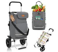 Sekey Premium Einkaufstrolley faltbar in Grau mit Spanngurt, Klappbarer Einkaufswagen inkl. Kühlfach & Getränkefach, 3-in-1 Trolley, Sackkarre & Umhängetasche, Ideal für Camping und Einkäufe