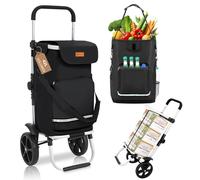 Sekey Stabiler Klappbarer Einkaufstrolley mit Spanngurt, Faltbarer Einkaufswagen inkl. Kühlfach & Getränkefach, 3-in-1 Trolley, Sackkarre & Umhängetasche, Ideal für Camping und Einkäufe, Schwarz