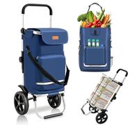 Sekey Premium Einkaufstrolley faltbar in Blau mit Spanngurt, Klappbarer Einkaufswagen inkl. Kühlfach & Getränkefach, 3-in-1 Trolley, Sackkarre & Umhängetasche, Ideal für Camping und Einkäufe