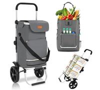 Sekey Premium Einkaufstrolley faltbar in Grau mit Spanngurt, Klappbarer Einkaufswagen inkl. Kühlfach & Getränkefach, 3-in-1 Trolley, Sackkarre & Umhängetasche, Ideal für Camping und Einkäufe
