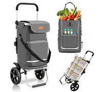 Sekey Premium Einkaufstrolley faltbar in Grau mit Spanngurt, Klappbarer Einkaufswagen inkl. Kühlfach & Getränkefach, 3-in-1 Trolley, Sackkarre & Umhängetasche, Ideal für Camping und Einkäufe