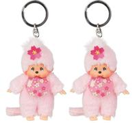 Sekiguchi 242467 - Original Monchhichi Mädchen Kirschblüte als Schlüsselanhänger, ca. 10 cm großer Anhänger aus rosa Plüsch für Rucksäcke, Taschen und Federmappen (Packung mit 2)