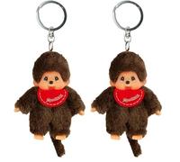 Sekiguchi 2534 - Original Monchhichi Mädchen oder Junge als Schlüsselanhänger, Plüschfigur mit Lätzchen, ca. 10 cm großer Anhänger aus braunem Plüsch für Rucksäcke, Taschen und Federmappen