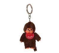 Sekiguchi 2534 - Original Monchhichi Mädchen oder Junge als Schlüsselanhänger, Plüschfigur mit Lätzchen, ca. 10 cm großer Anhänger aus braunem Plüsch für Rucksäcke, Taschen und Federmappen