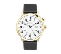 Sekonda Easy Reader Uhren Herren-Quarzuhr mit Analog-Datumsanzeige und schwarzem Lederarmband, 46 mm, Weiß, gold