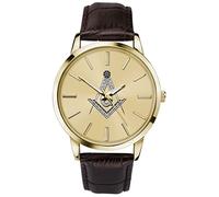 Sekonda Herren-Armbanduhr, Freimaurer-Motiv, analog, Quarzuhr, goldfarbenes Zifferblatt und braunes Lederarmband 90096, Gold, Quarzuhr