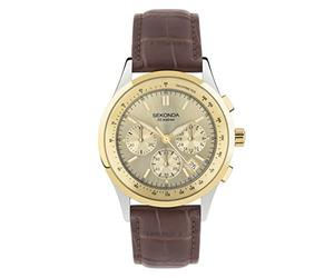 Sekonda Racer Herren-Quarzuhr mit analoger Datumsanzeige und Lederarmband, 42 mm, braun, Armband