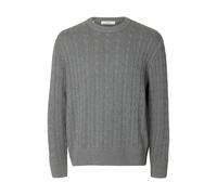 Rundhalspullover SELECTED "SLMBRAUN KNIT CABLE CREW NOOS", Herren, Gr. XL, grau (medium grau melange), Strick, Obermaterial: 100% Baumwolle, meliert, relaxed fit normal, Rundhals, Bündchen, Pullover R