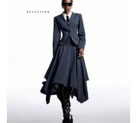 SELECTION 2025 Neuer minimalistischer marineblauer gestreifter Blazer mit Taillenzug und Bleistiftrock Set, bequemer Arbeitskleidungsstil für Herbst/W