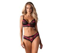 Selente Love & Fun verführerisches 3-teiliges Damen Unterwäsche-Set aus BH, Slip & exklusiver Satin-Augenbinde, Made in EU (XS-S, schwarz-Magenta 2)