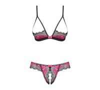 Selente Love & Fun verführerisches 3-teiliges Damen Unterwäsche-Set aus BH, Slip & exklusiver Satin-Augenbinde, Made in EU (S/M, schwarz-Magenta)