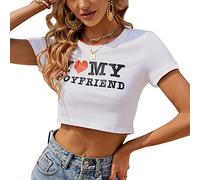 SELiLe Damen T-Shirt mit Buchstabendruck I Love My Boyfriend Crop Top Slim Casual T-Shirt Kurzarm mit Rundhalsausschnitt