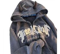 SELiLe Frauen Harajuku Cute Devil Horn Hoodies Jacken Ästhetische Punk Letters Print Ärmel Übergroßes Sweatshirt mit Tasche Hoodies Jacken für Teenager Mädchen