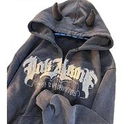 SELiLe Frauen Harajuku Cute Devil Horn Hoodies Jacken Ästhetische Punk Letters Print Ärmel Übergroßes Sweatshirt mit Tasche Hoodies Jacken für Teenager Mädchen