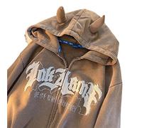 SELiLe Frauen Harajuku Cute Devil Horn Hoodies Jacken Ästhetische Punk Letters Print Ärmel Übergroßes Sweatshirt mit Tasche Hoodies Jacken für Teenager Mädchen