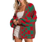 SELINK Damen-Strickjacke, Vintage-Stil, vorne offen, gemischtes Karomuster, Grobstrick, kariert, langärmelig, tägliche Outwear, rot, grün, Klein