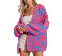 SELINK Damen-Strickjacke, Vintage-Stil, vorne offen, gemischtes Karomuster, Grobstrick, kariert, langärmelig, tägliche Outwear, Pink, Klein