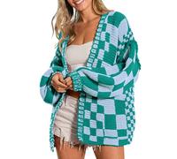 SELINK Damen-Strickjacke, Vintage-Stil, vorne offen, gemischtes Karomuster, Grobstrick, kariert, langärmelig, tägliche Outwear, Grün , Klein