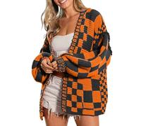 SELINK Damen-Strickjacke, Vintage-Stil, vorne offen, gemischtes Karomuster, Grobstrick, kariert, langärmelig, tägliche Outwear, Z Orange, Groß