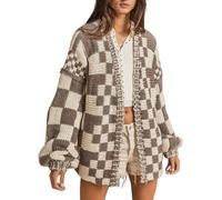 SELINK Damen-Strickjacke, Vintage-Stil, vorne offen, gemischtes Karomuster, Grobstrick, kariert, langärmelig, tägliche Outwear, Kaffee, Klein